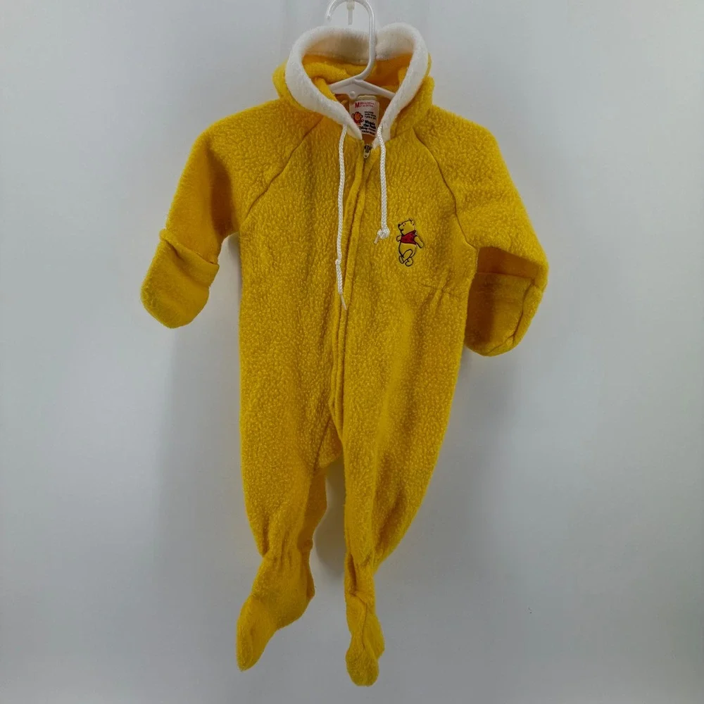Baby Winnie the Pooh Fleece Snowsuit Bunting Yellow Hooded Footed‎ 12M VINTAGE